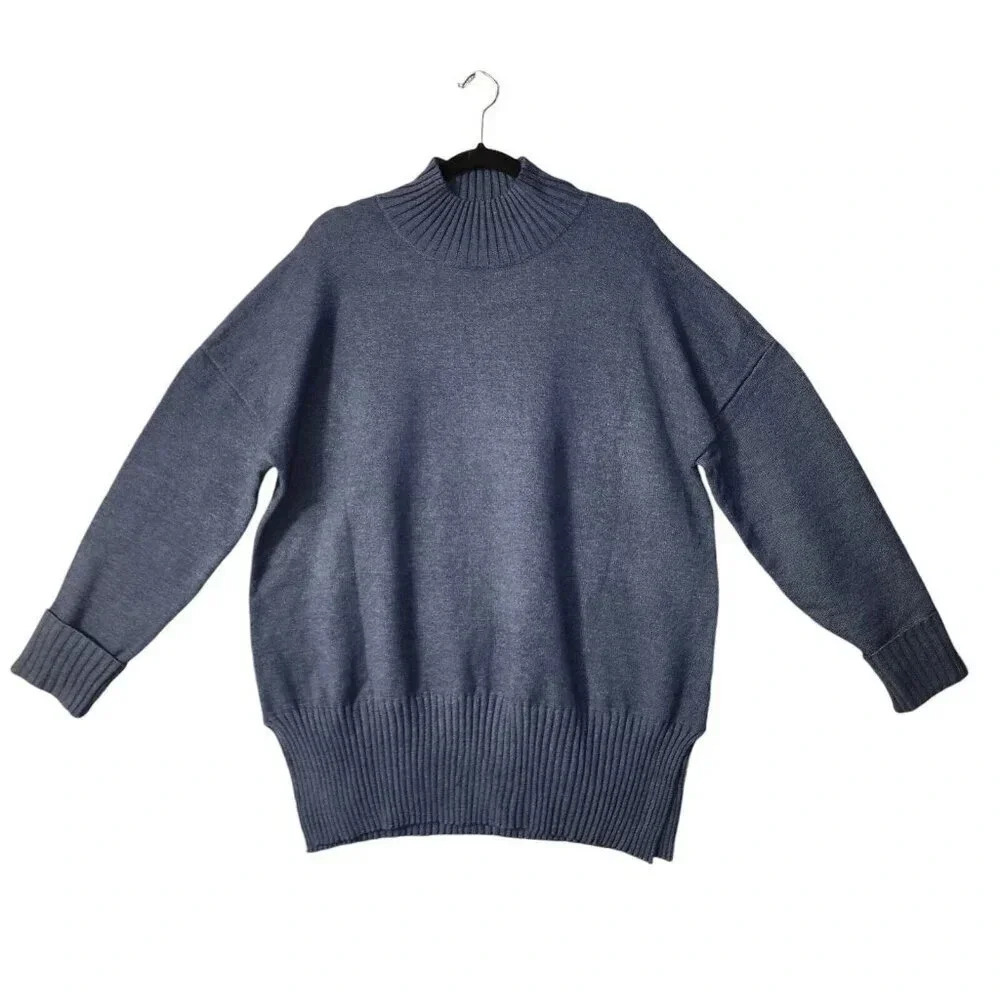 New Sweater Women's Size XXL Denim Blue Oversized Fit Ribbed Long Side Slits